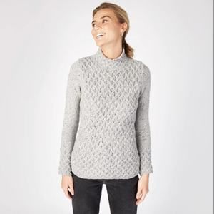 NWT Ireland's Eye Irish Wool Cashmere Trellis Mock Neck Sweater Light Gray Small